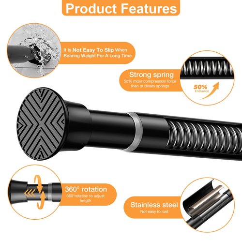 2 Pack Spring Tension Curtain Rod 30-62Inch Black Tension Rod for Windows Shower Curtain Rods No Drilling Expandable Adjustable Curtain Rods for Windows,Doorway,Bathroom,Closet,7/8" Diameter