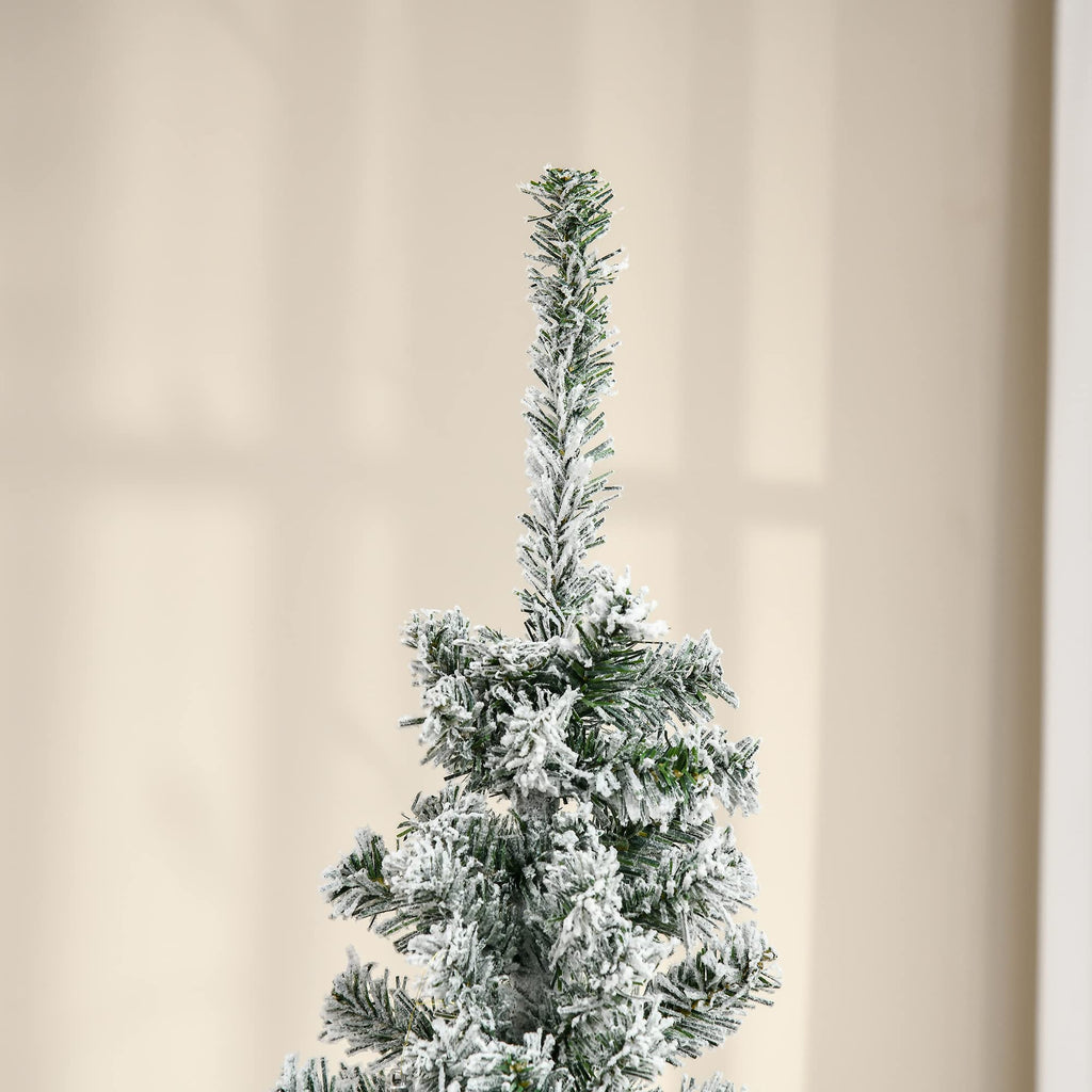 HOMOM 6ft Flocked Christmas Tree, Pencil Artificial Xmas Tree with Faux Snow, Dense Branches, Foldable Metal Base for Indoor Holiday Decor