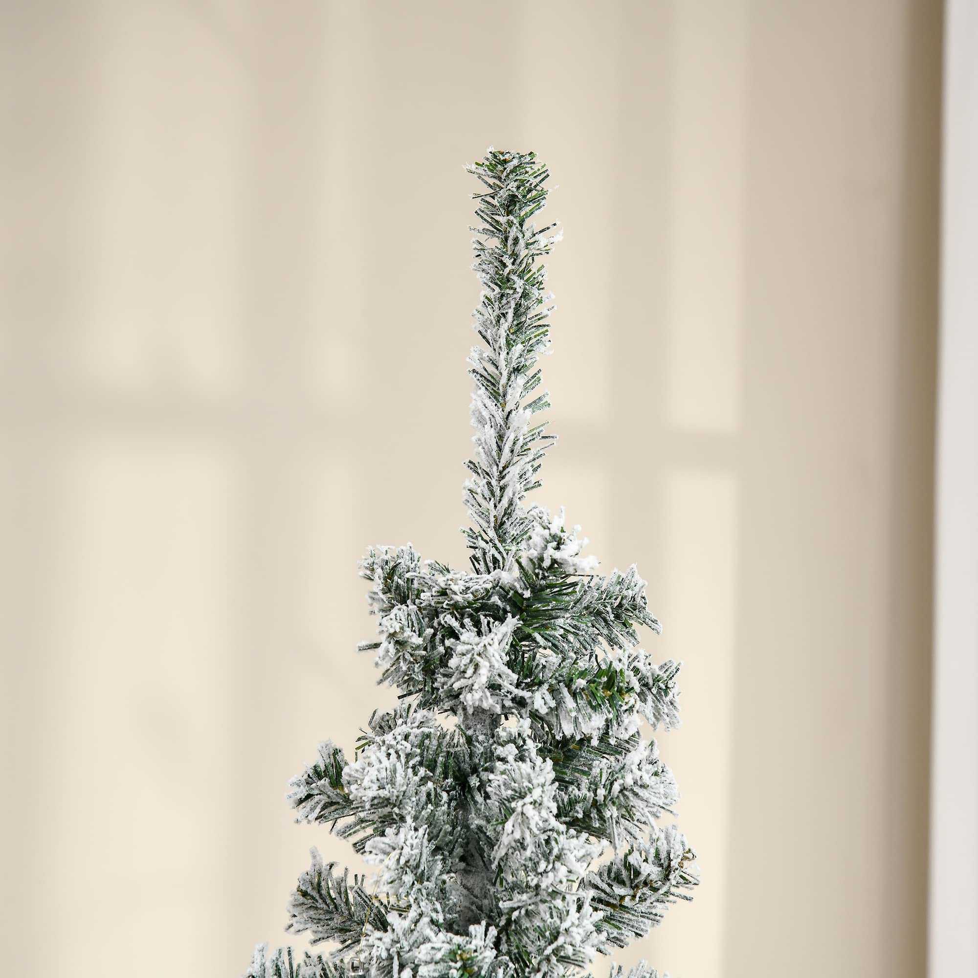 HOMOM 6ft Flocked Christmas Tree, Pencil Artificial Xmas Tree with Faux Snow, Dense Branches, Foldable Metal Base for Indoor Holiday Decor