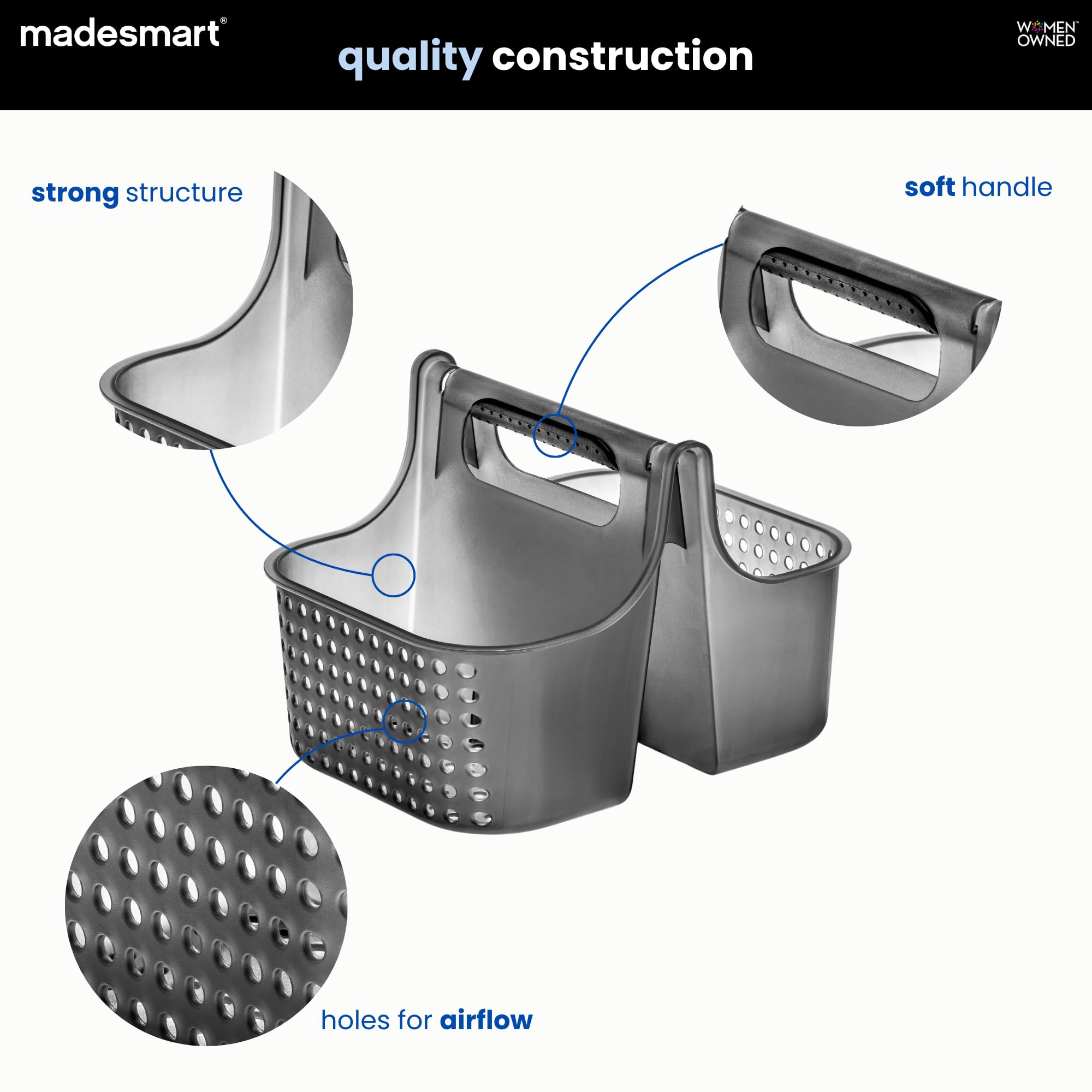 madesmart Portable Shower Caddy Tote with Soft Handle, Plastic Organizer for Soap, Shampoo & Bath Essentials, Carbon
