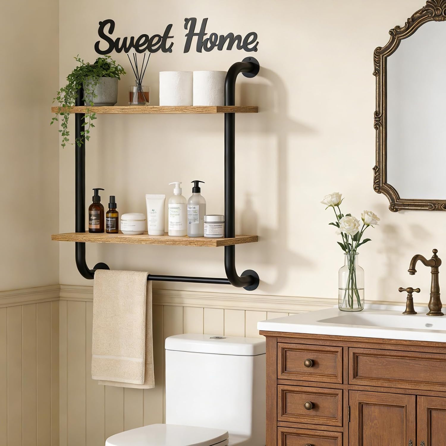 Tinpin Rustic Farmhouse Wall-Mounted Bathroom Shelves - 2-Tier Industrial Floating Shelf Decor | 17.3 Inch
