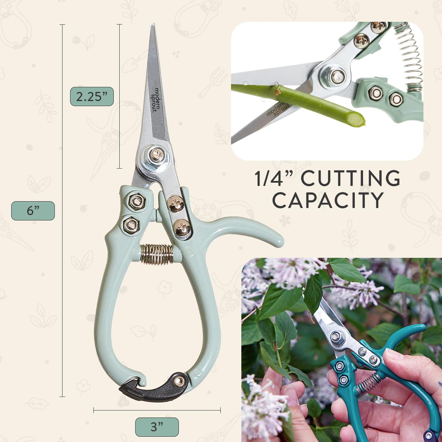 Modern Sprout Pruning Shears - Lightweight Herb Snipping Scissors with Easy Lock | Carbon Steel Blade, Green