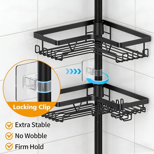 KEGII Black Shower Caddy - Adjustable Tension Pole Organizer with 2 Towel Bars | Rustproof Bathroom Storage, 25–114.2 Inch