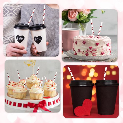 Whaline 100Pcs Valentine's Day Paper Straws Foil Red Heart Straws Disposable Drinking Straws for Wedding Birthday Party Supplies