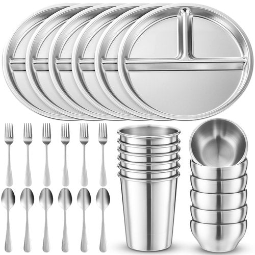Jinei 30 Pcs Stainless Steel Dishes Set 6 Stainless Steel Plates, 6 Bowls, 6 Cups, 6 Spoons, 6 Forks, Dishwasher Safe, Durable Dining Set for Home Travel Camping (Tableware)