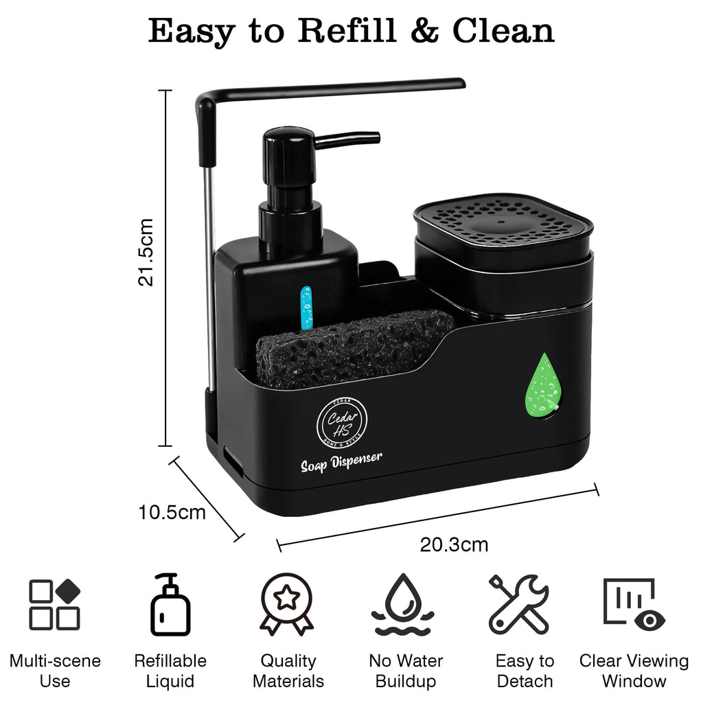 Kitchen Soap Dispenser Set (Black) – 4 in 1 Dual Pump Bottles with Sponge Caddy, Brush Holder, Towel Bar & Drain Rack – Space-Saving Countertop Organizer for Sink & Bathroom