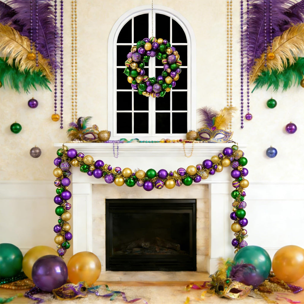 6 Ft Mardi Gras Garland with Purple Green Gold Glitter Balls, Carnival Bead Decor for Front Door, Mantel, Wall and Fireplace, Festive Fat Tuesday Indoor Outdoor Party Supplies