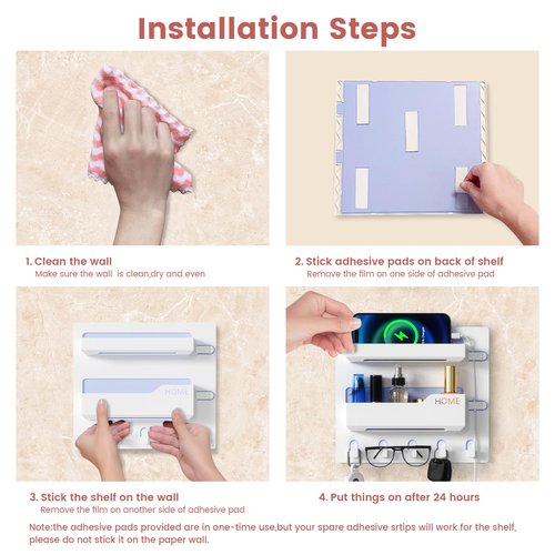 Bedside Shelf Wall Mount, Adhesive Bedside Shelf Accessories Organizer with Hooks and Cable Clips,Dorm Bedside Wall Storage for Phone, Remote, Earphone, Kindle,Plastic (5 Hooks Style)