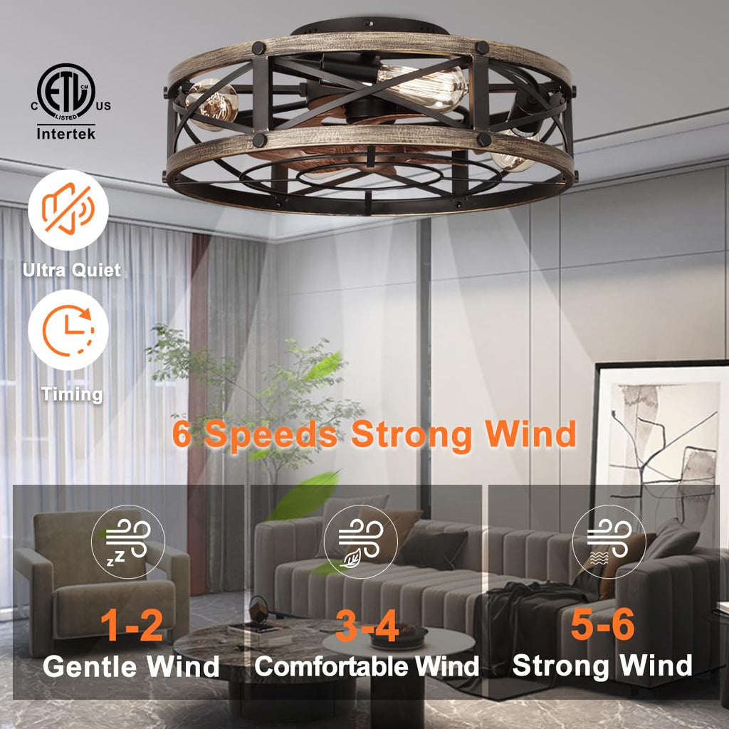 SHLUCE 19" Farmhouse Flush Mount Caged Ceiling Fans with Lights, Fandelier Rustic Low Profile Ceiling Fan with Light and Remote, Small Bladeless Ceiling Fans with Lights for Kitchen, Bedroom - ETL