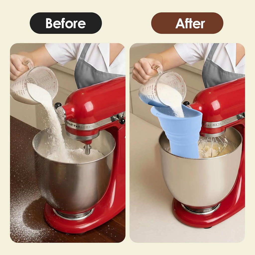Skiennix Foldable Silicone Flour Funnel - Dishwasher Safe Attachment for Kitchen Aid Mixers (Blue)