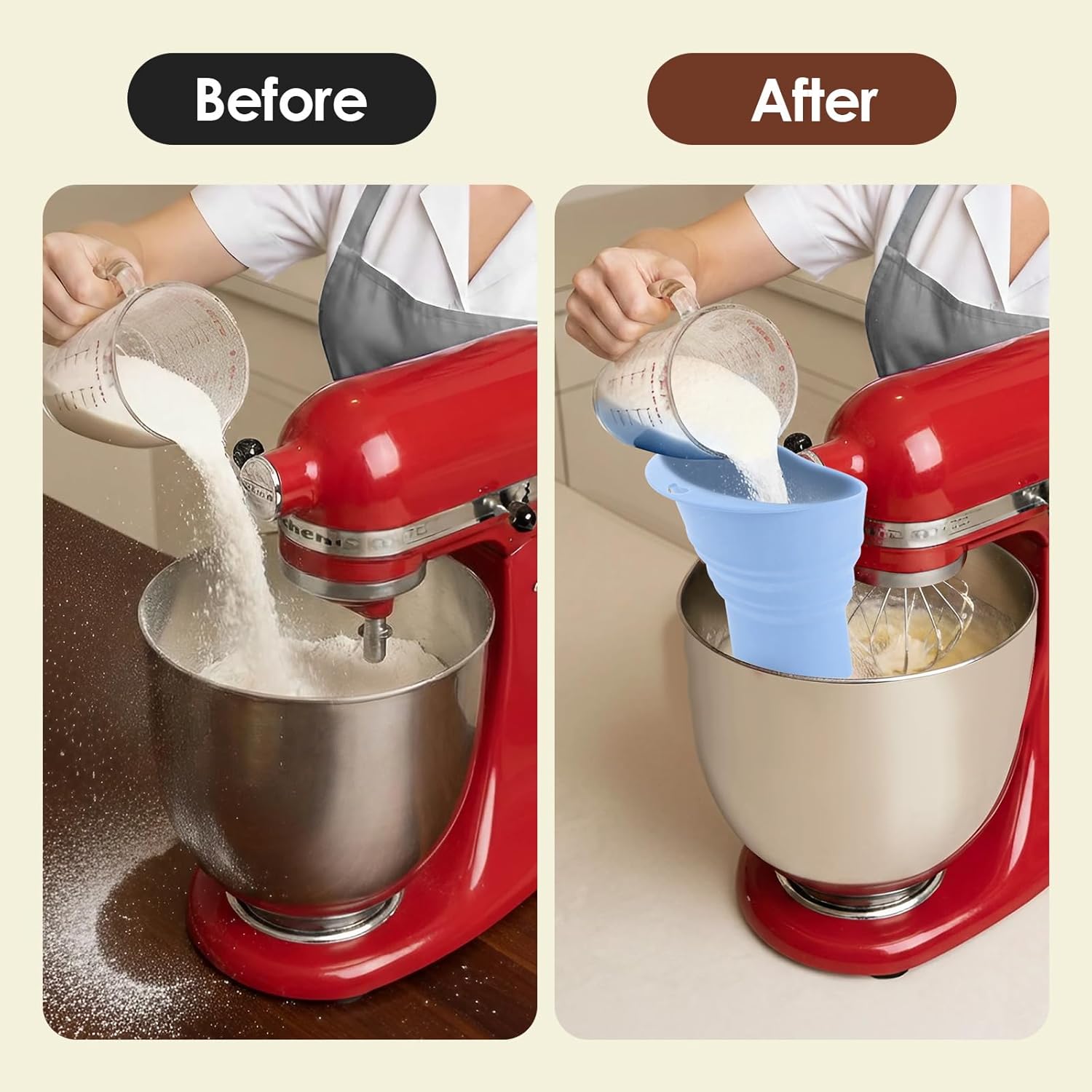 Skiennix Foldable Silicone Flour Funnel - Dishwasher Safe Attachment for Kitchen Aid Mixers (Blue)