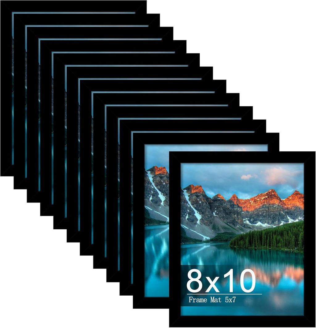Picrit 8x10 Picture Frame Set of 12 - Versatile Display for 5x7 with Mat or 8x10 Without Mat | Black
