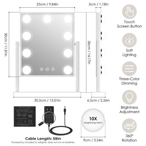 LuxeVue Vanity Mirror with Lights, Makeup Mirror with 3 Lighting Modes, Light Up Mirror with Touch Sensor, AC-Powered, 360 Rotatable, Metal Frame, with Detachable 10X Magnifying Spot Mirro, 14.1"