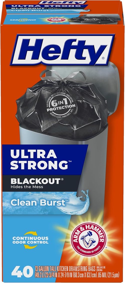 Hefty Ultra Strong 13 Gallon Trash Bags - Break Resistant Drawstring | Continuous Odor Control, Black, 40 Count