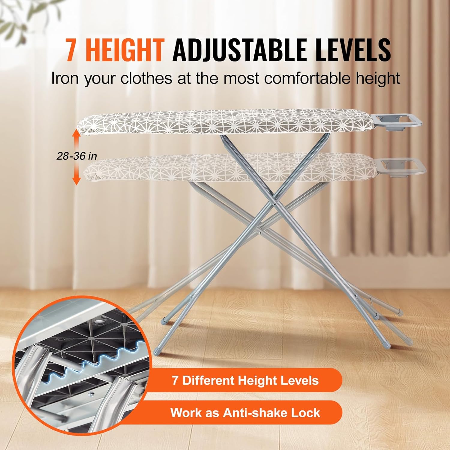 VEVOR Ironing Board - Large 43 x 13 Inch Surface | 7 Adjustable Heights & Heat Resistant Cover