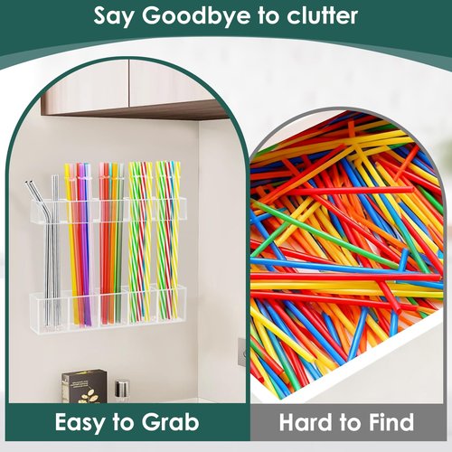 Straw Holder for Cabinet Door, 9.45”Large Acrylic Reusable Tumbler Straw Organizer Storage Dispenser with Double Sided Adhesive,Under Cabinet & Wall Mount Drinking Straw Storage, Easy to Install