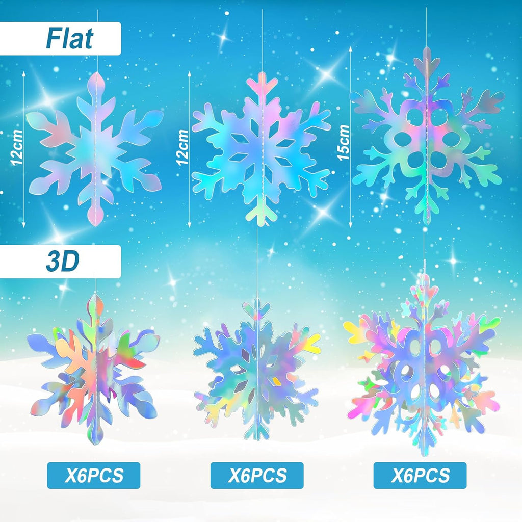 Skiennix 18 Pcs 3D Snowflake Decorations - Iridescent Hanging Ornaments for Winter Wonderland Decor