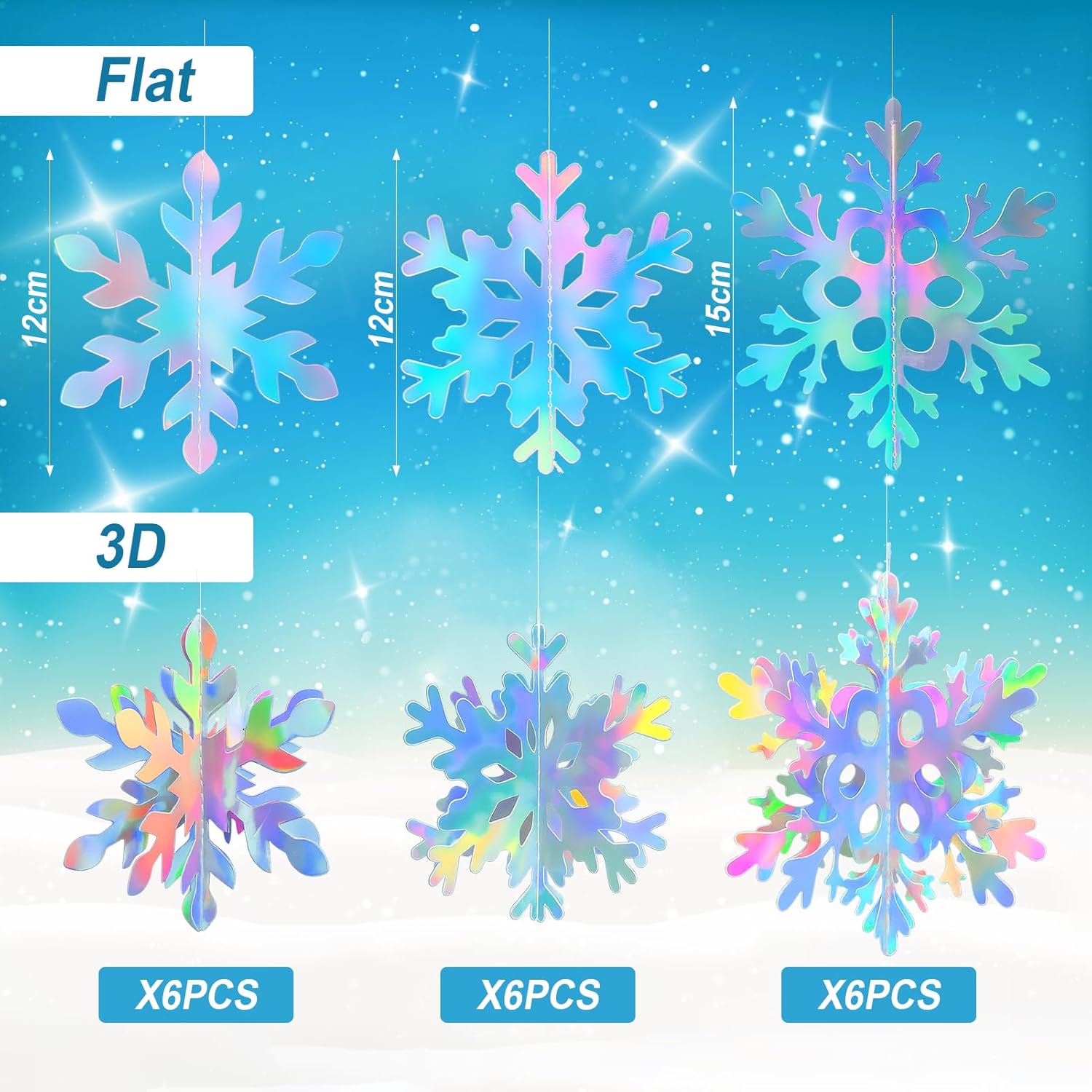 Skiennix 18 Pcs 3D Snowflake Decorations - Iridescent Hanging Ornaments for Winter Wonderland Decor