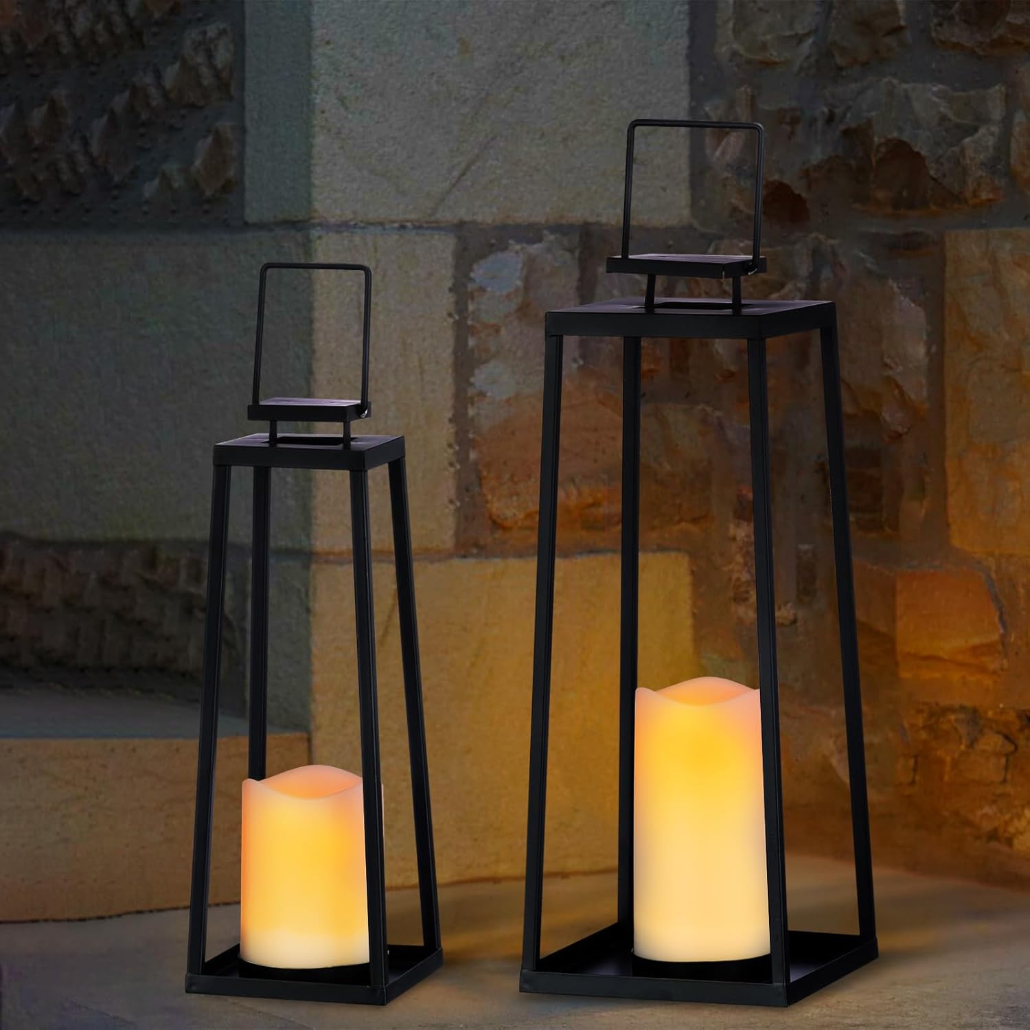 Skiennix Solar Lantern Set of 2 - Modern Black Metal Lanterns with Solar Candles for Outdoor Decor (18’’ & 15’’)