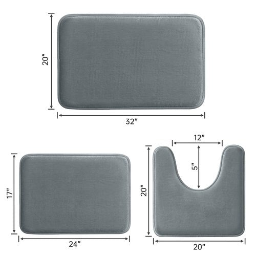HUXMEYSON Grey Bathroom Rugs Set, 3 Piece, Ultra Soft Velvet Memory Foam, Non-Slip & PVC Backing, Washable Quick Dry, 17"x24"+20"x32"+U Shape 20"x20"