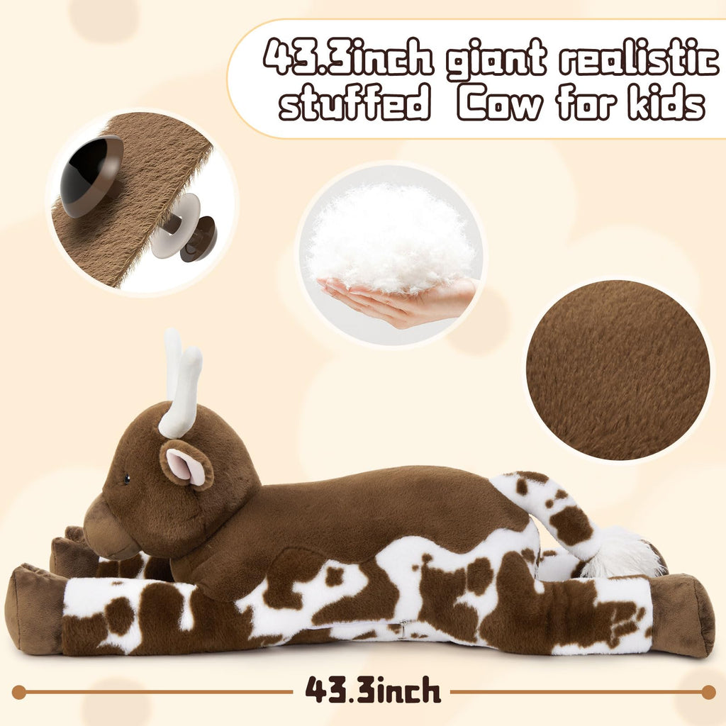 Tezituor 43.3 Giant Longhorn Cow Stuffed Animal, Hugging Fluffy Stuffed Cow Plush Body Pillow, Realistic Large Texas Longhorn Bull Farm Plush Toy for Boys Girls