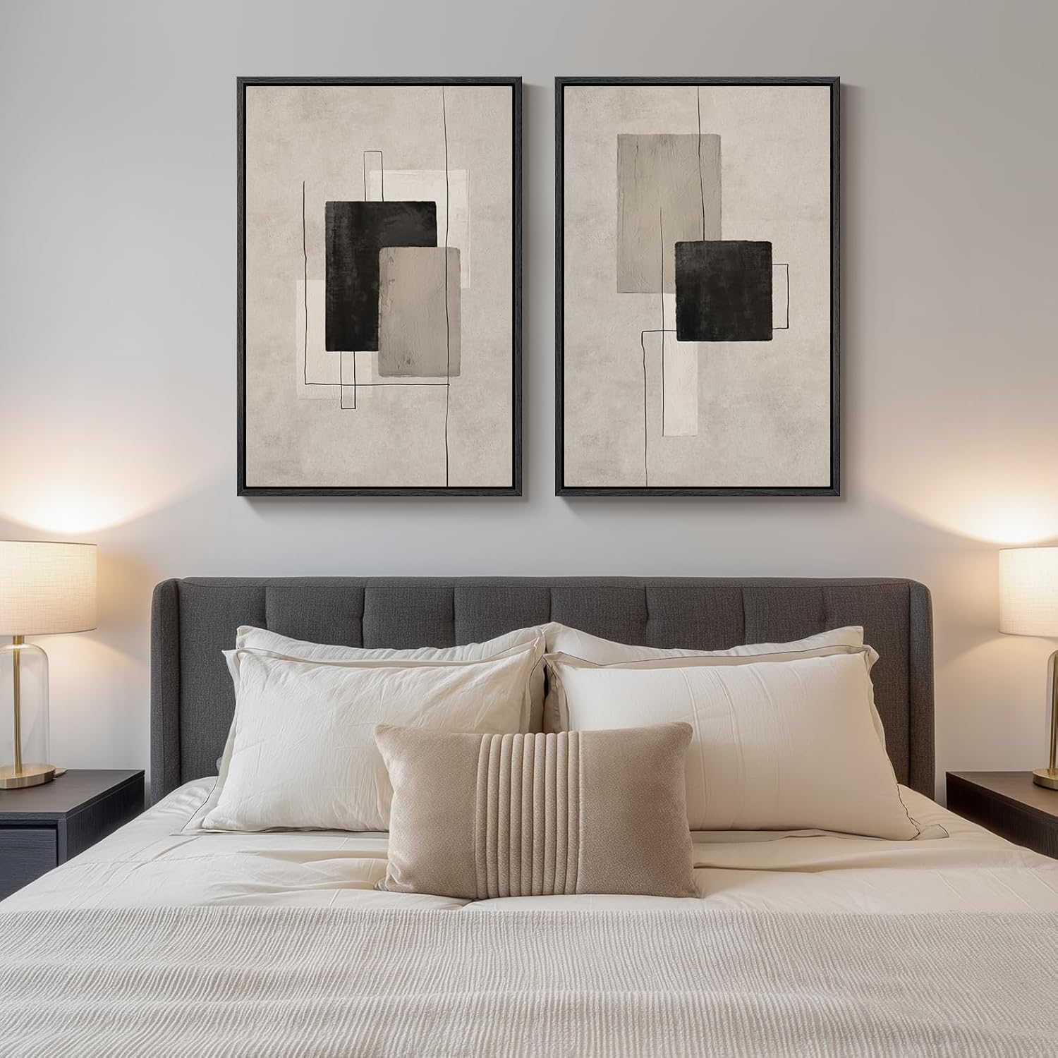 Neutral Abstract Wall Art Set by [Brand Name] - Large Black & Beige Canvas Prints for Living Room | 24x36 In