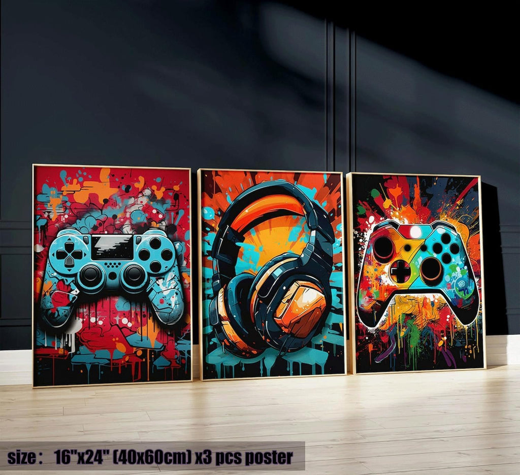 PPV Retro Video Game Wall Art - 3Pcs Colorful Neon Gamepad Canvas Prints for Boys' Room | 16x24in Unframed