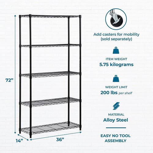 Honey-Can-Do Heavy-Duty 5-Tier Metal Storage Rack - 200 lb Capacity, Black, 14" W x 36" L x 72" H