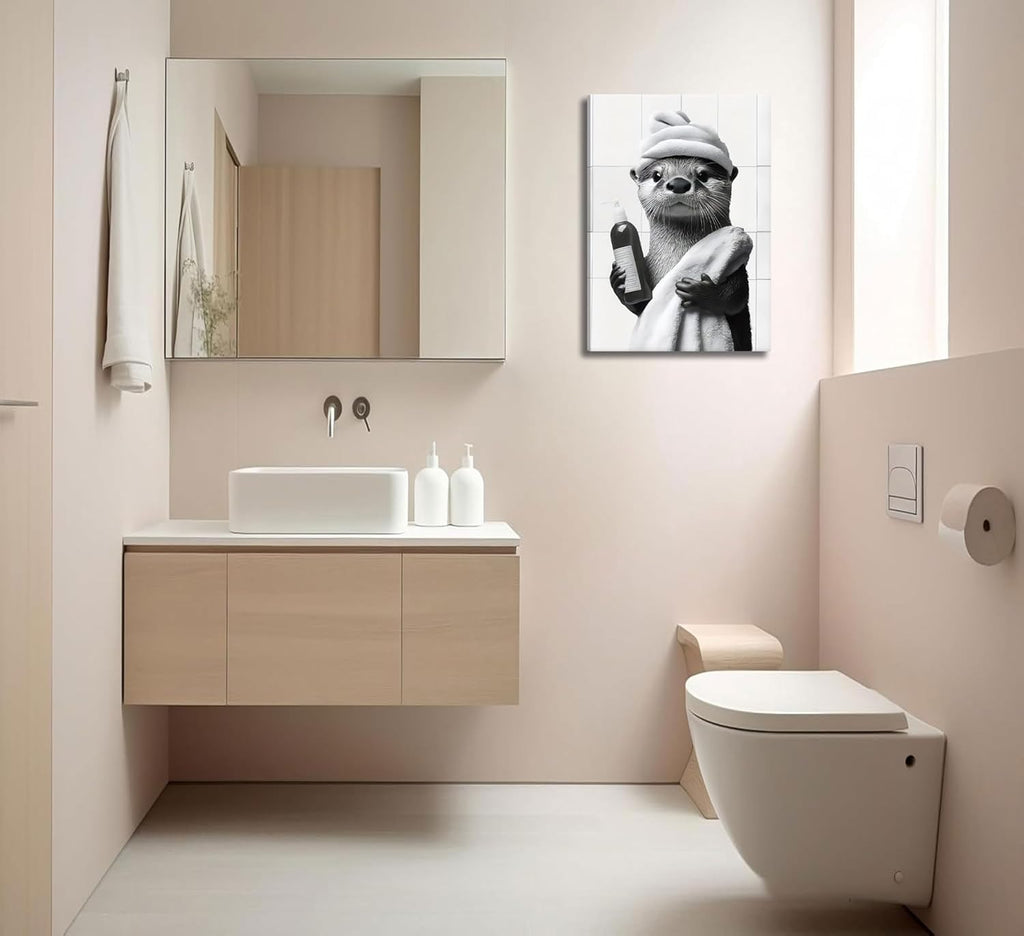 Otter Canvas Wall Art by Funny Bathroom - Cute Black and White Painting for Home Decor | 12x16in