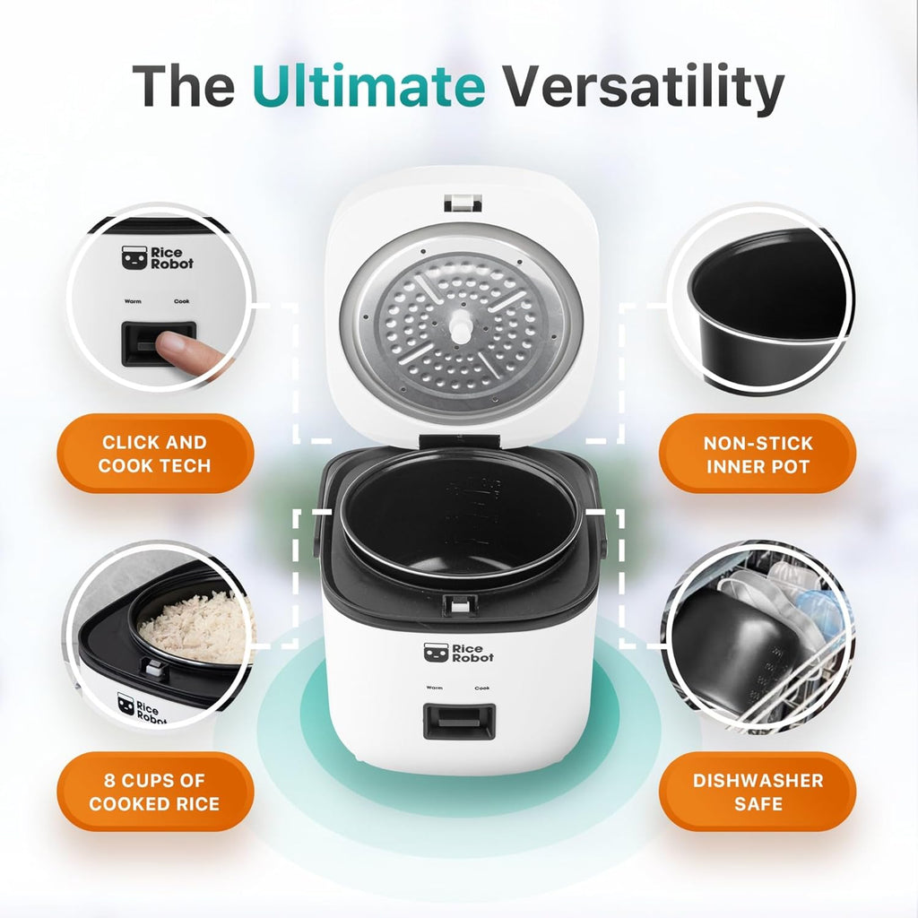 Rice Robot Rice Cooker - Family Size 4 Cup Uncooked (8 Cups Cooked) | PFAS-Free Ceramic Nonstick with Steamer Tray