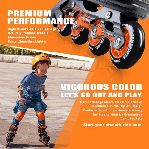 2PM SPORTS Torinx Green Boys Adjustable Inline Skates, Fun Beginner Roller Skates for Kids, Youth, Girls, Men and Women (Orange, Medium - Big Kid (1-4 US))