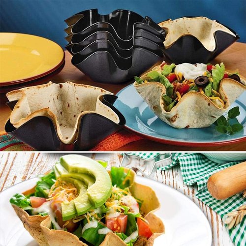 Kafear Taco Salad Bowl Maker Molds - Nonstick Carbon Steel Tortilla Shell Pans | 4 Pack in Black
