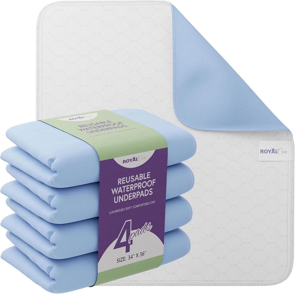 Skiennix Incontinence Bed Pads - Reusable Waterproof Underpads for Chairs & Mattresses - Highly Absorbent, Machine Washable - 34x36 Inches (Pack of 4), Blue