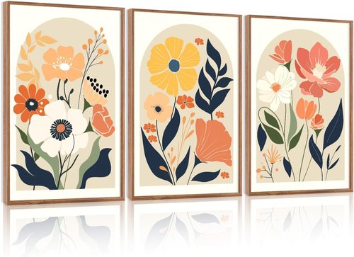 KAIRNE Boho Canvas Wall Art - Abstract Floral Prints Set of 3 (16”x24”) | Modern Minimalist Botanical Decor for Living Room & Office