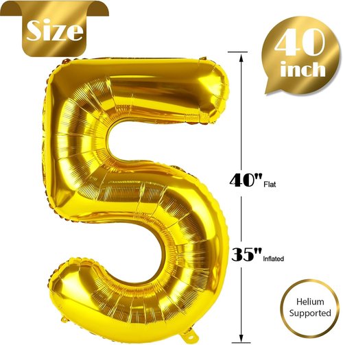 Gold 5 Balloon | 40-Inch Number 5 Balloon for 5th Birthday Party Decorations