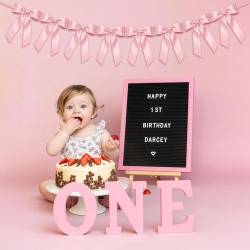 1-String Pink Bow Garland Banner, 8 Pre-Strung Double-Layer Ear Satin Ribbon Bows, Valentines Day Decor for Baby Shower Bridal, Birthday Wedding Party, Reusable Girls Coquette Room Wall Mantel Decor