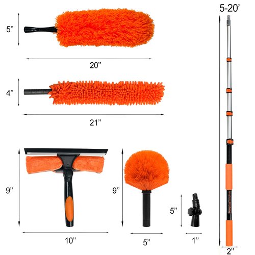 Buyplus 26FT Reach Dusting Kit, Long Duster with 5-20FT Extension Pole for High Ceilings, Cobweb Duster, Microfiber Duster, Window Squeegee, Extendable Duster Cleaning Kit