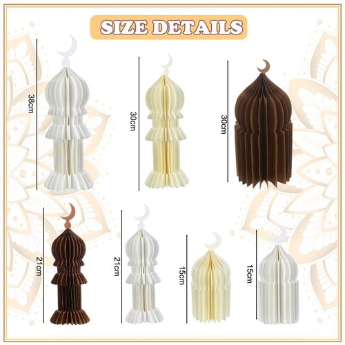 Watersay 7 Pcs Ramadan Table Decor 3D Masjid Honeycomb Centerpiece Eid Mubarak Party Decoration Kareem Islamic Eid Al Fitr Decor Ramadan Mubarak Table Topper Party Supplies(White, Gold, Browm)