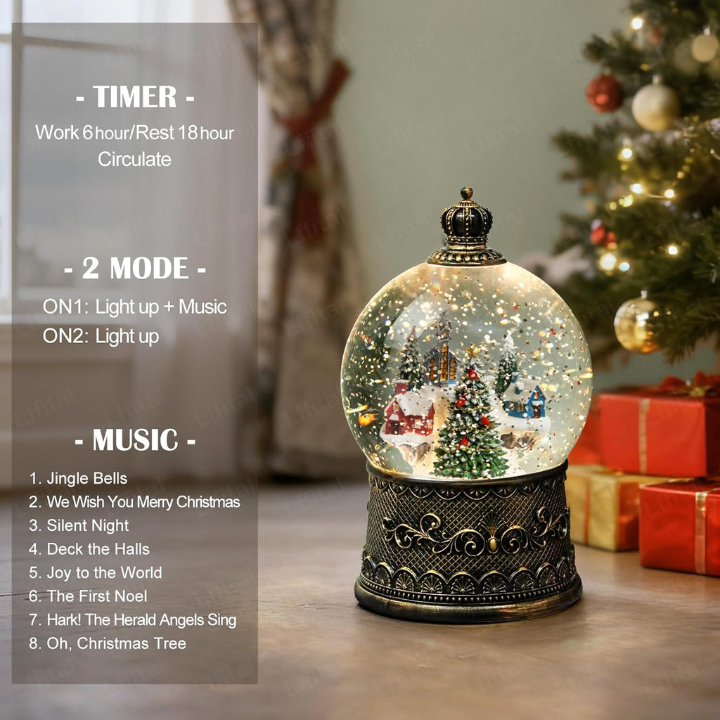 Skiennix Christmas Snow Globe Lantern - Lighted Indoor Decorations with Music Timer & Glitter | Mountain Church Design