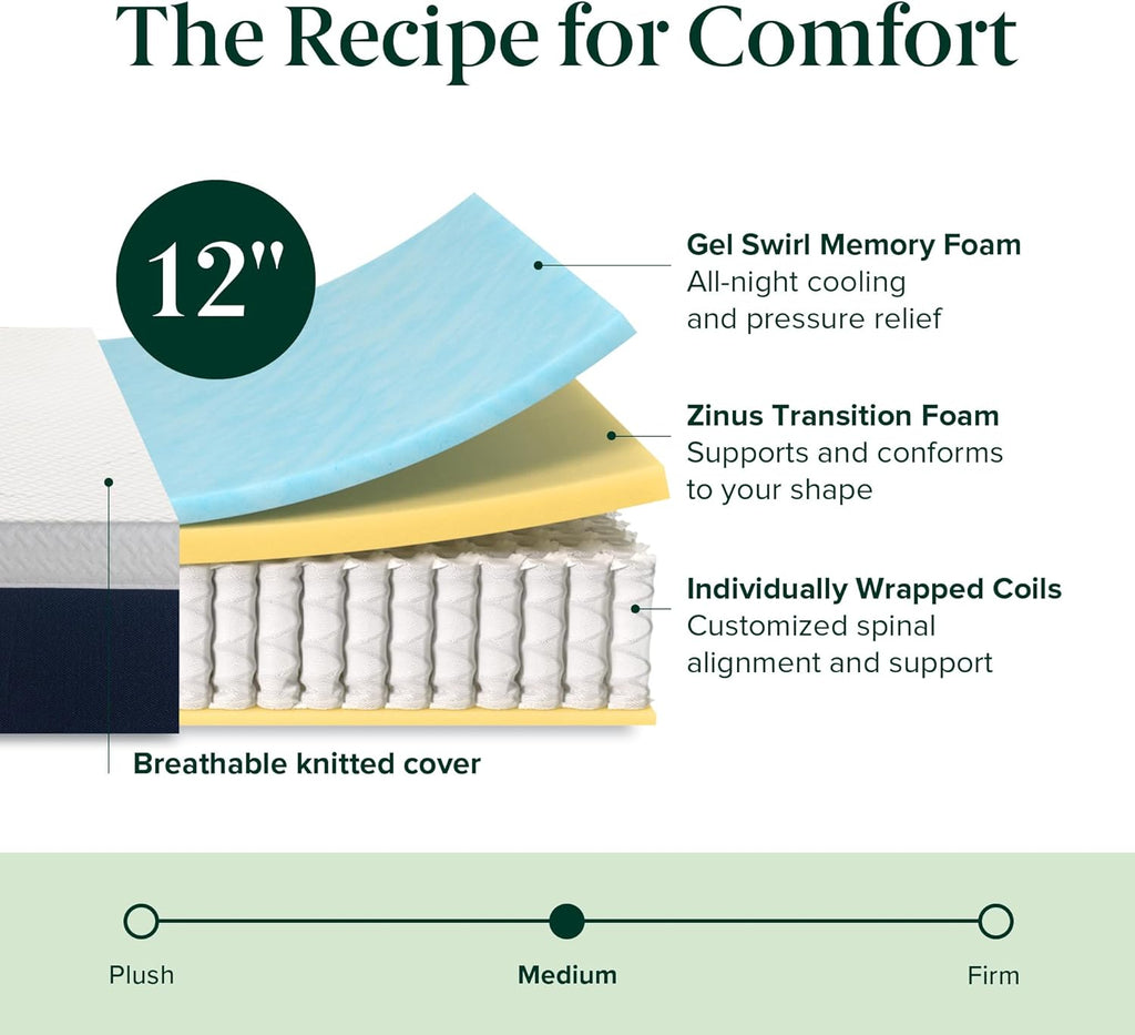 ZINUS 12 Inch King Hybrid Mattress - Cooling Comfort, Medium Firm, Fiberglass Free, Motion Isolation