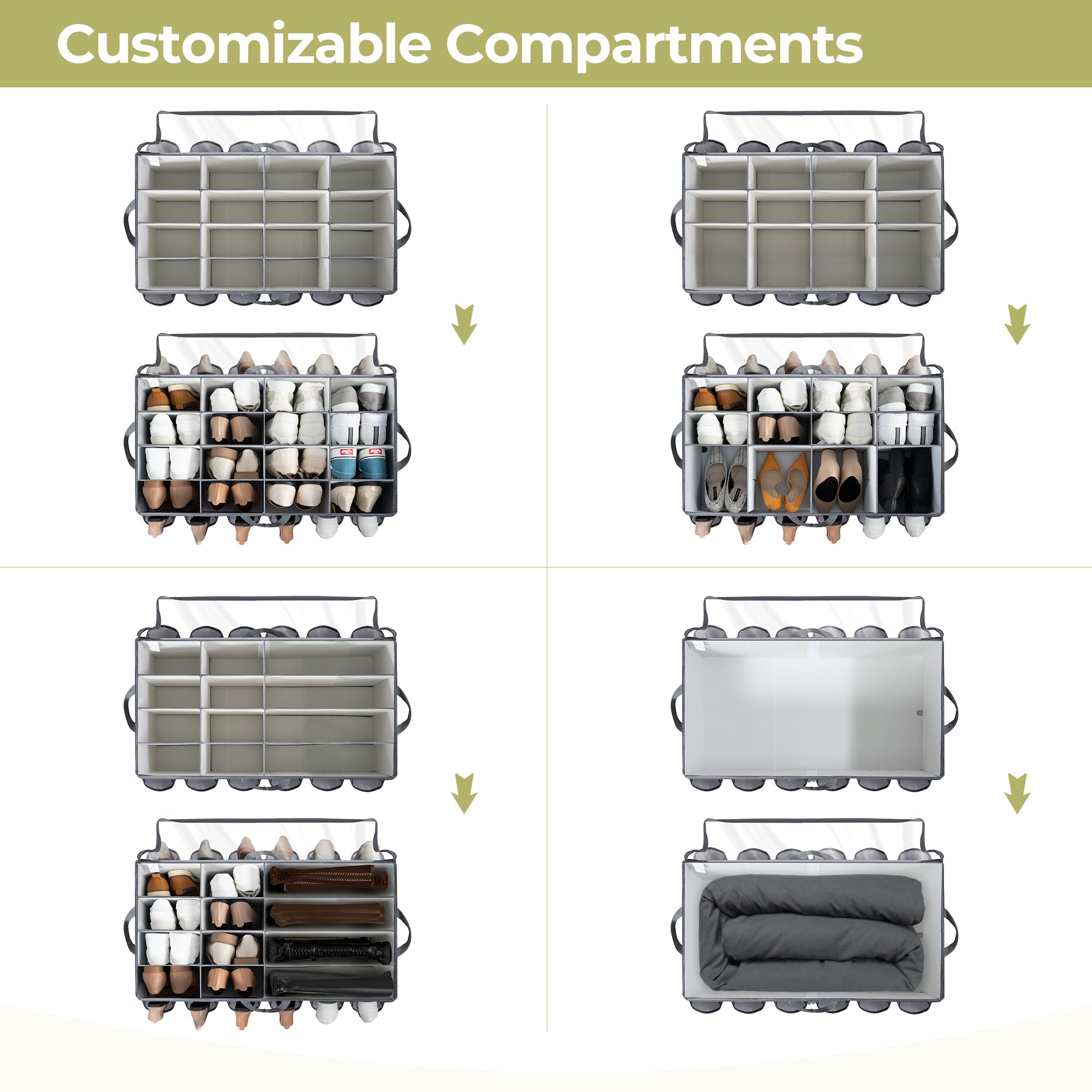 STORAGEIDEAS Shoe Organizer for Closet, Shoe Storage Solution with Clear Cover & Adjustable Dividers, Fabric Shoe Box Fits 16 +12 Pairs Shoes, Grey, 1-Pack