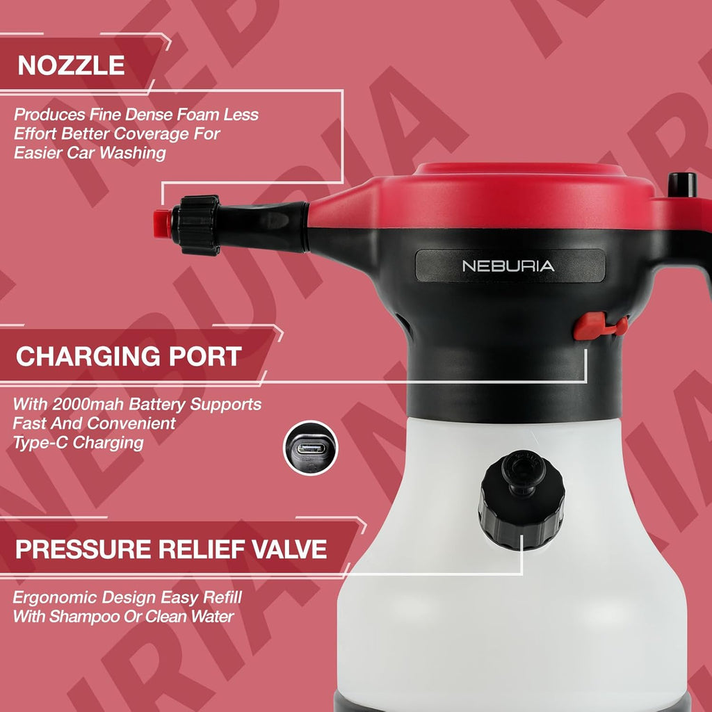 Neburia Electric Foam Sprayer - Cordless 2000mAh Battery Pump for Car Detailing & Home Cleaning | 3 Nozzles Included