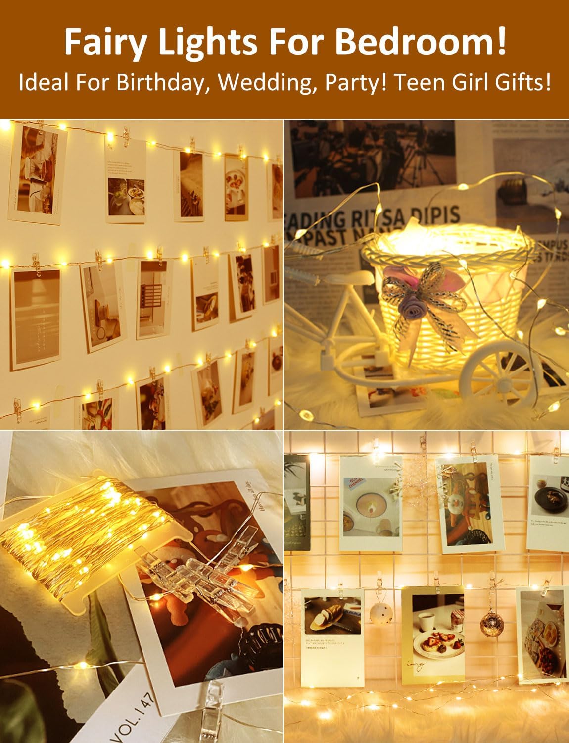 Skiennix Photo Clip String Lights - 33FT 100 LED Waterproof Fairy Lights with Remote & 50 Clear Clips