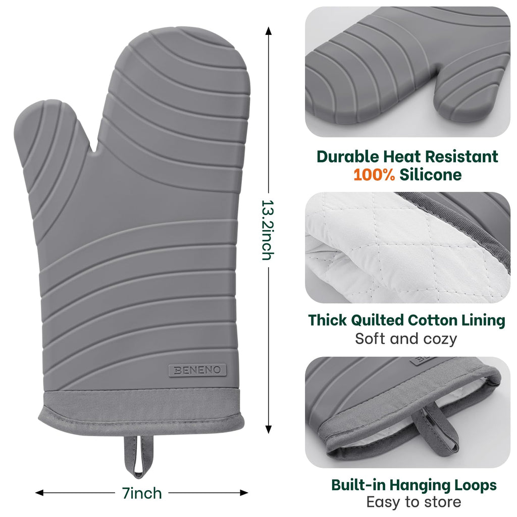 Beneno BPA-Free Silicone Oven Mitt 2-Pack Set, Heat Resistant 500°F Oven Mitts with Non-Slip Grip, Soft Thicker Lining, 7"x13", Gray