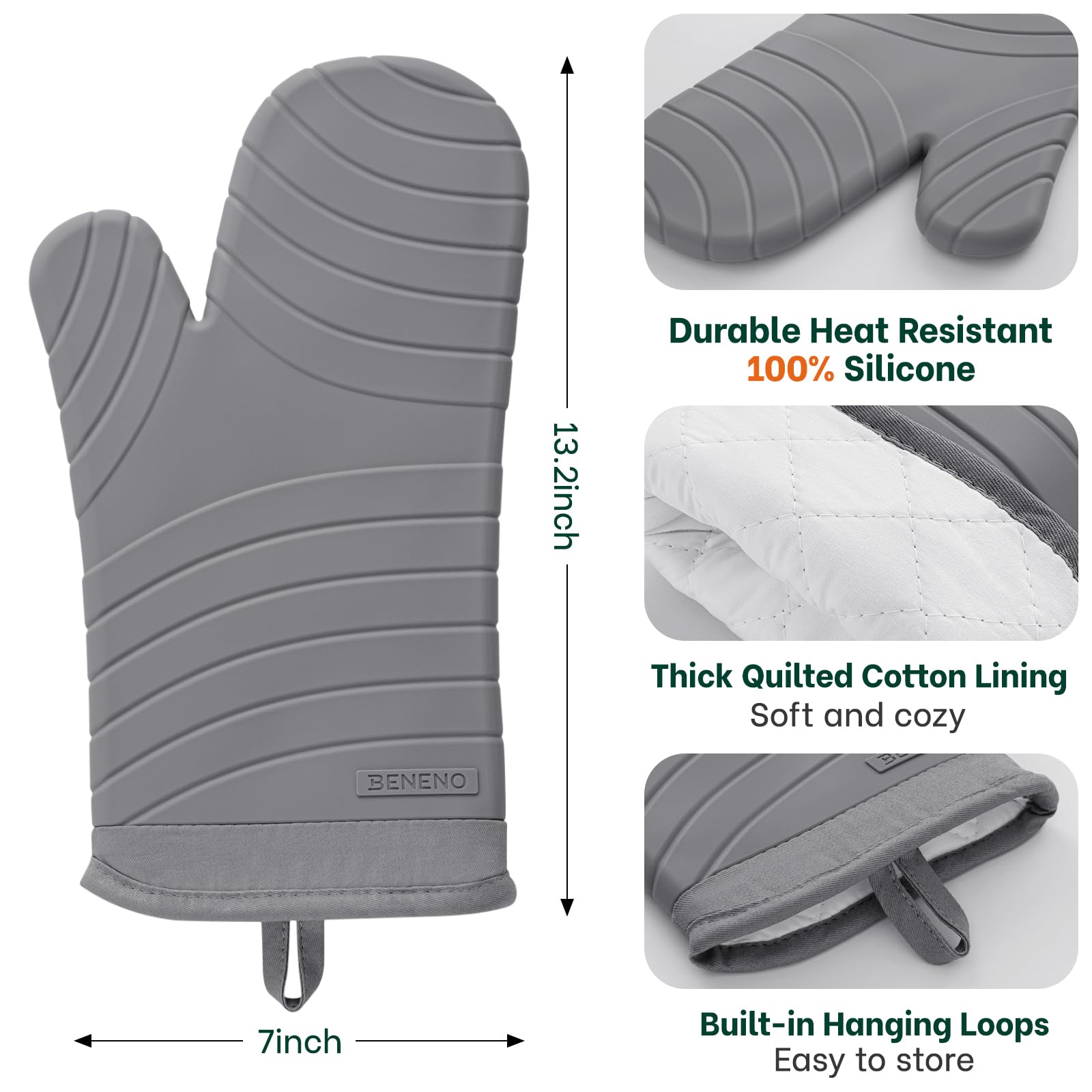 Beneno BPA-Free Silicone Oven Mitt 2-Pack Set, Heat Resistant 500°F Oven Mitts with Non-Slip Grip, Soft Thicker Lining, 7"x13", Gray