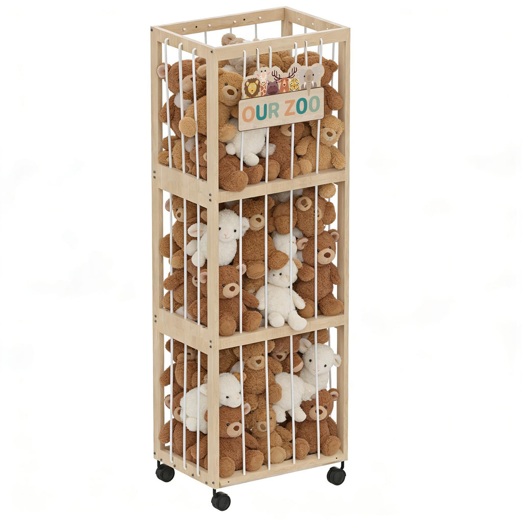 DEMEGA Stuffed Animal Zoo Storage with Wheels, Mobile Wooden Toy Organizer Cage with Elastic Band, Easy Assembly Large Capacity for Nursery Playroom Bedroom