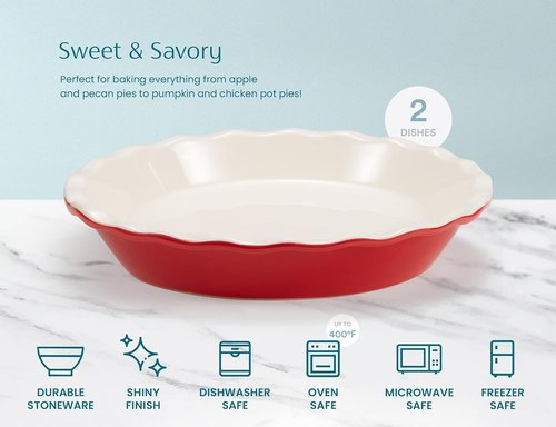 KooK Ceramic Pie Pan - Reusable Round Baking Dish for Quiche & Casseroles | 9-Inch, Wave Edge, Set of 2, Cherry