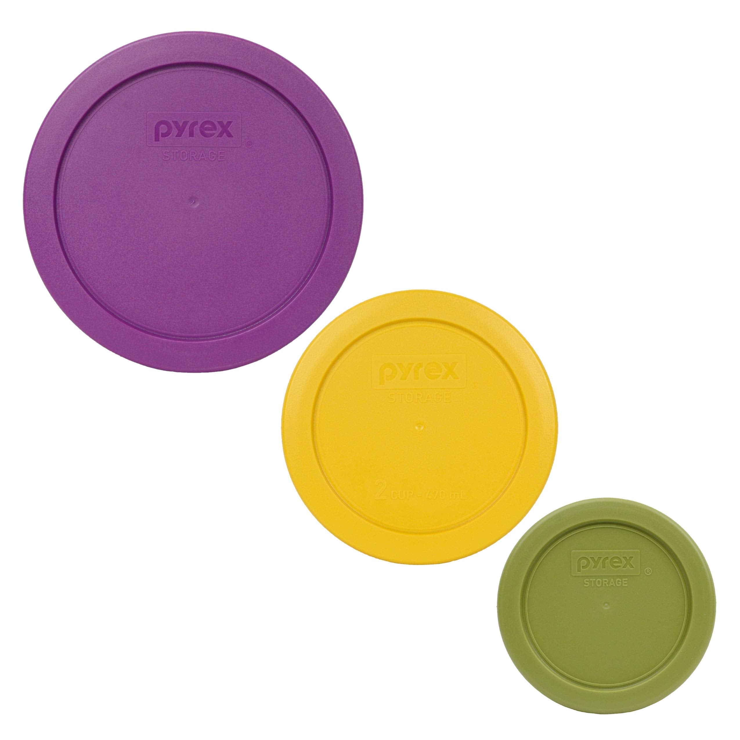 Pyrex 7202-PC 1-Cup Olive Green, 7200-PC 2-Cup Butter Yellow, & 7201-PC 4-Cup Thistle Purple Food Storage Replacement Lids - Made in USA
