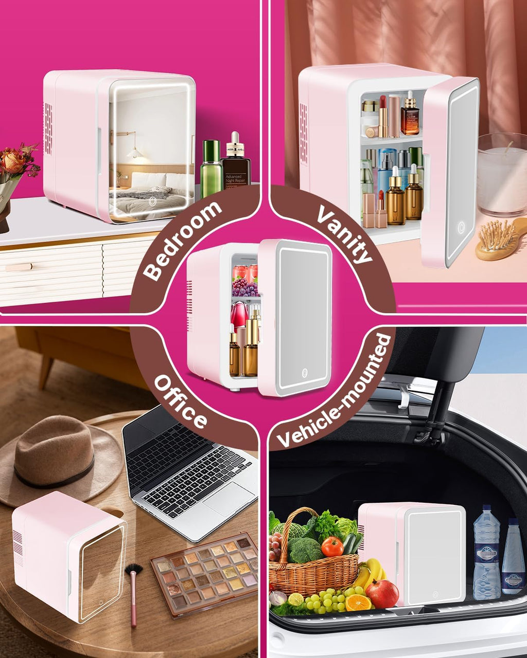 NISHCON 4-Liter Pink Portable Mini Fridge for Skincare Beauty Cosmetic Makeup With Mirrored Door and Dimmable LED Light
