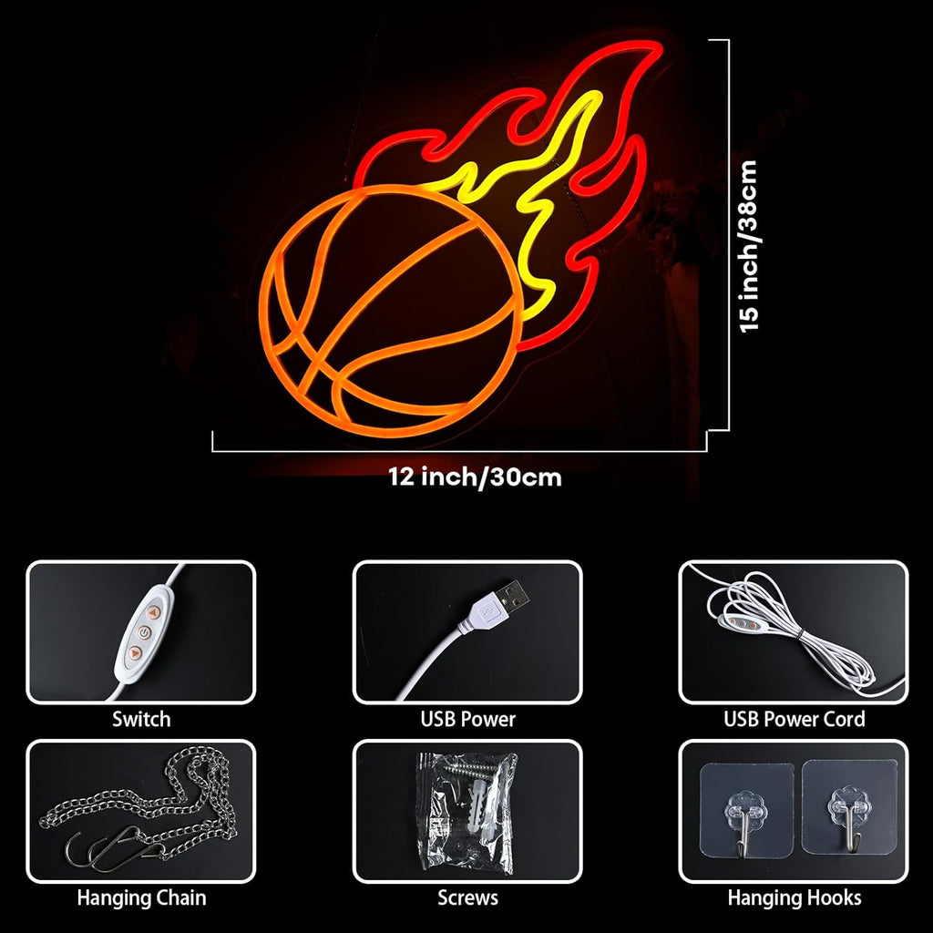 Skiennix Basketball Neon Sign - Dimmable LED Flame Light for Boys' Bedroom | Orange, Red, Yellow Decor